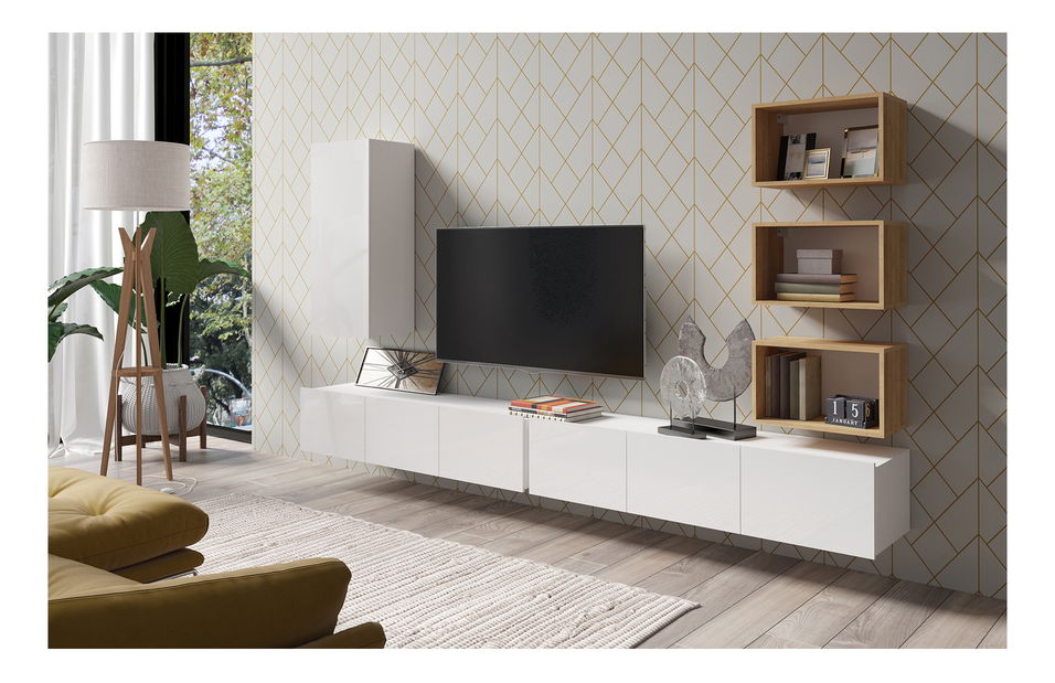 Mobilier living Calabria C36 WHITE (Alb + Stejar auriu) (fără iluminat)