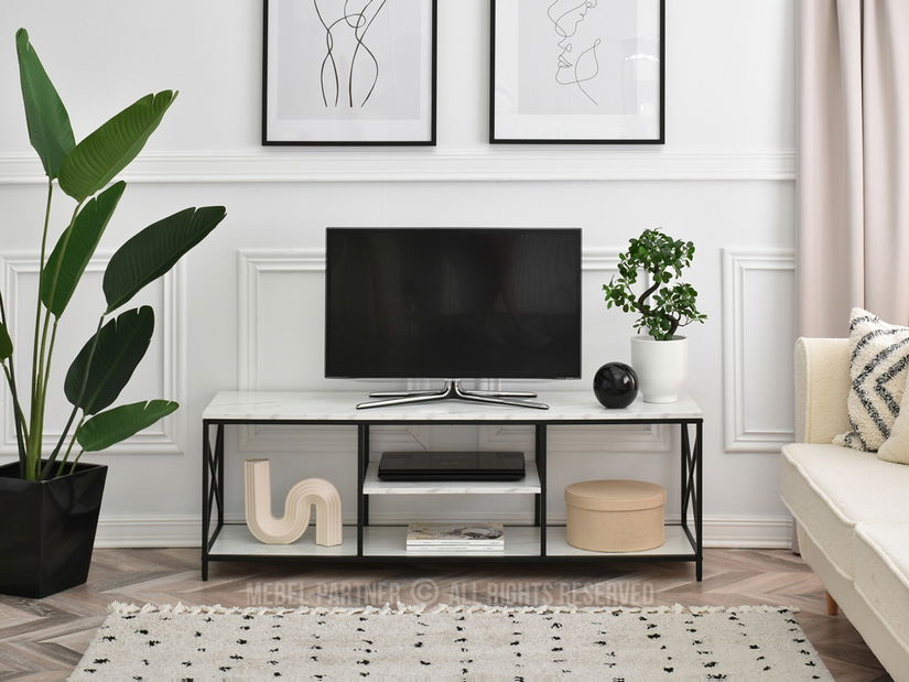 TV stolík/skrinka Jukky Stol Rtv (biely mramor + čierna)