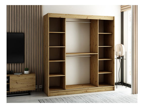 Dulap cu uși culisante Bran 200cm (Stejar artisan + negru mat + Stejar artisan) (da)