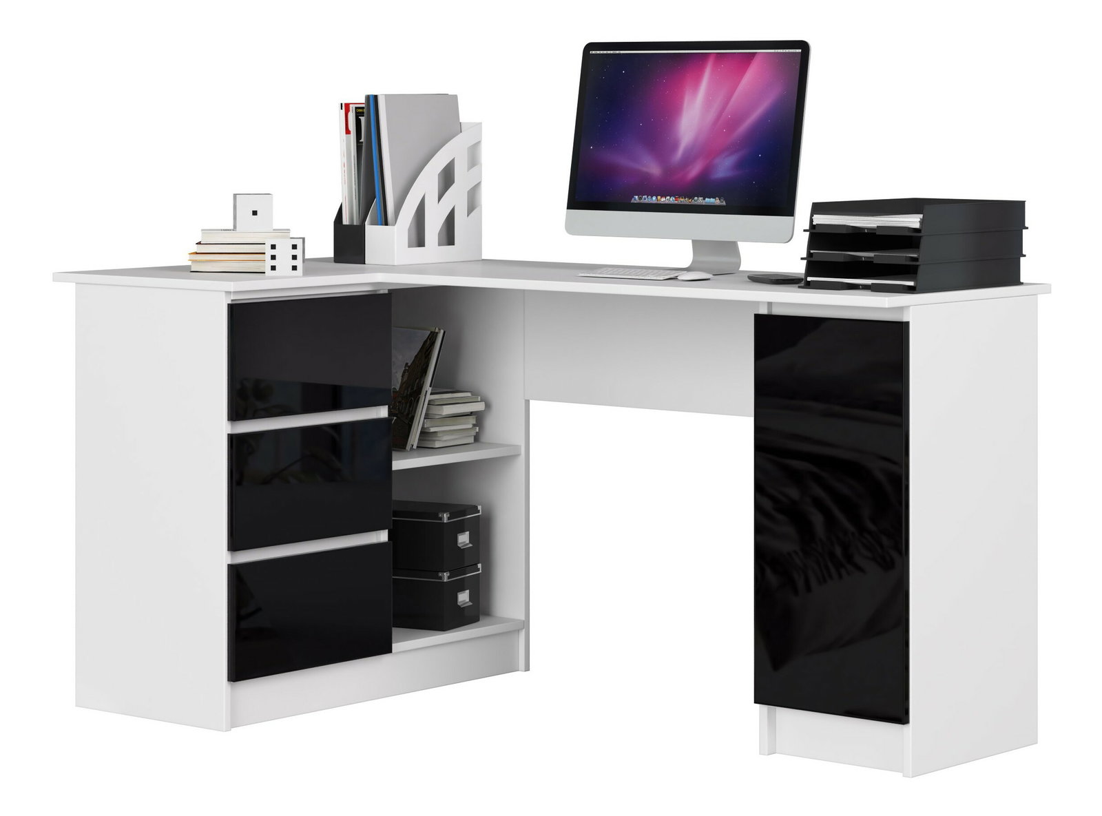 Sarok PC asztal Bienvenida (fehér + fényes fekete) (B)