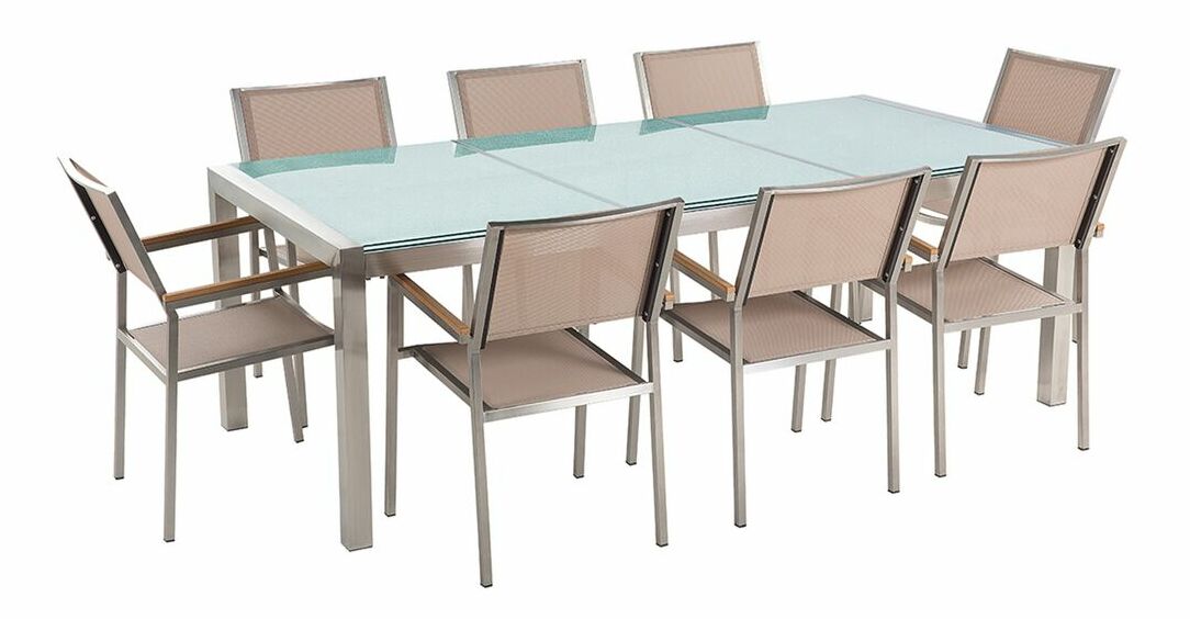 Set de masă pentru grădină Grosso (bej) (blat din sticlă 210x100 cm) (scaune bej)