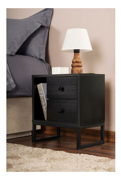 Nočný stolík Glimarolla (tmavé drevo + čierna)