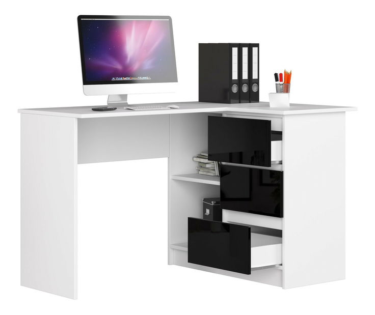 Rohový PC stolík Bodhi (biela + čierny lesk) (P)