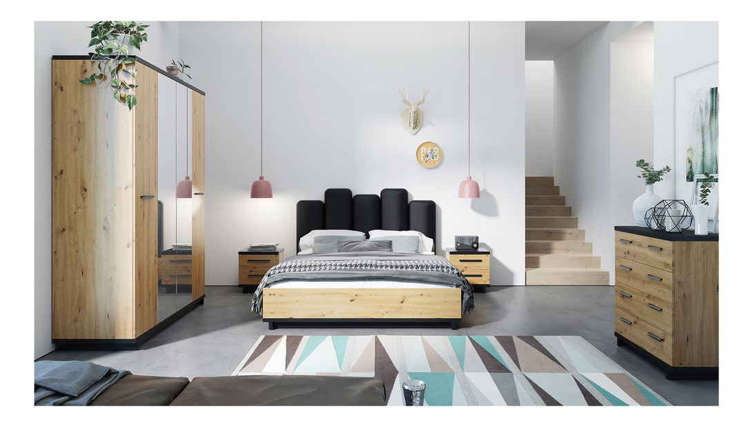 Bračni krevet 160 cm Indi P (hrast artisan + crna mat + hrast artisan) (s podnicom)