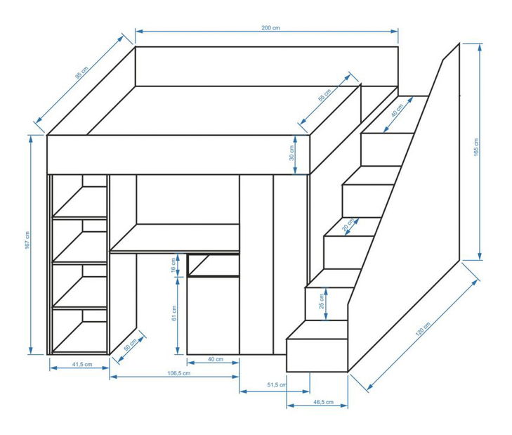 Pat pentru copii combinat 90 cm Kesa 14 (beton + negru mat)
