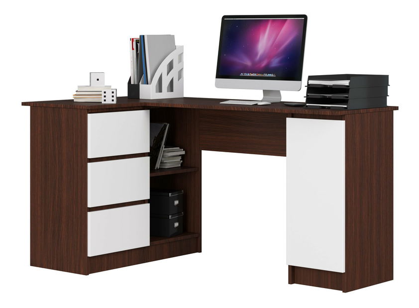 Rohový PC stolík Bevin (wenge + biela) (L)