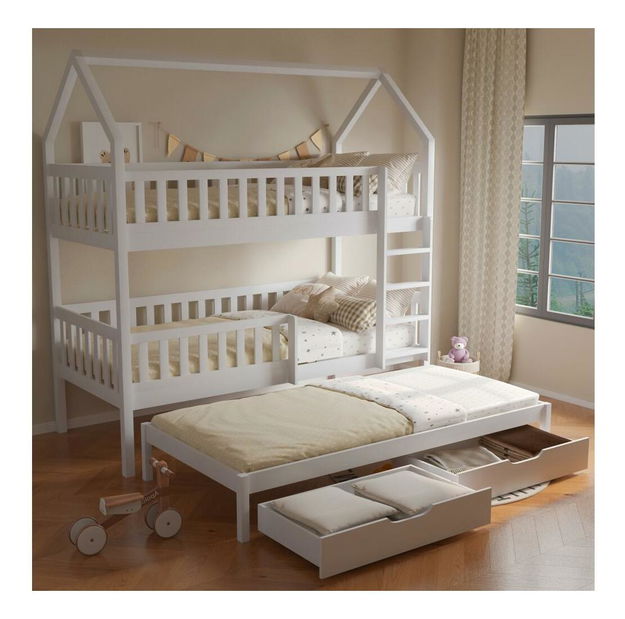 Pat etajat pentru copii , cu pat suplimentar 90 cm Virtuoso (alb) (cu somieră) (cu sp. depozitare)