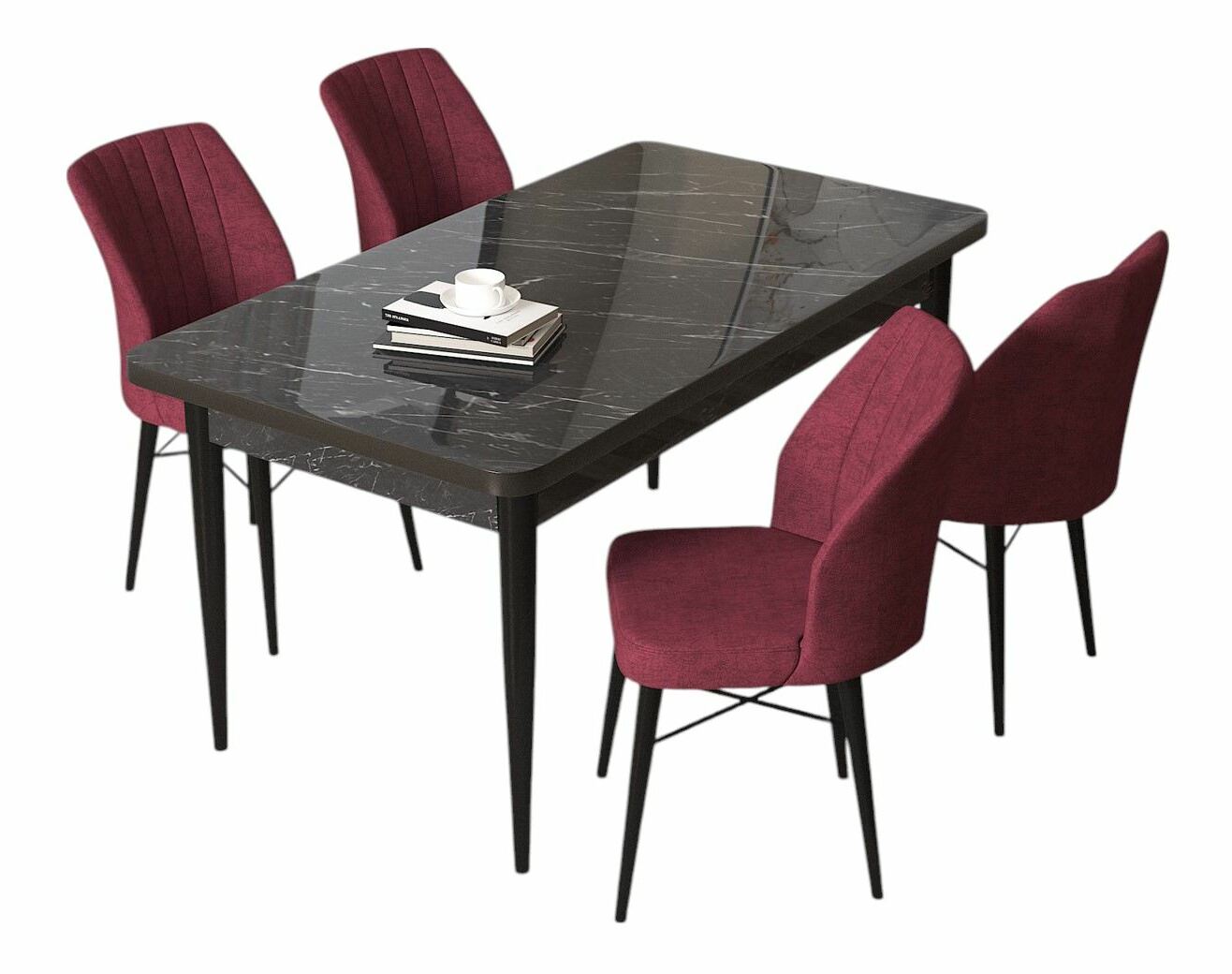 Jedálenský set Arpo (mramor čierny + vínová) (pre 4 osoby)