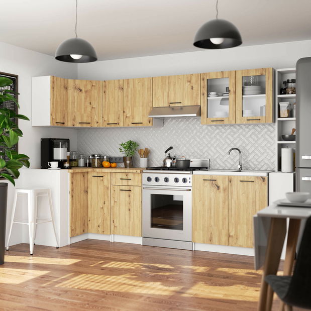 Vitrină de bucătărie superioară Organo 580 (alb + stejar artisan)