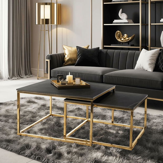 Set 2 măsuțe de cafea Texarkana (marmură negru + auriu) 