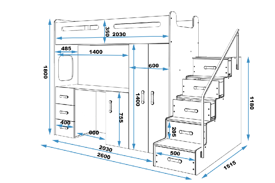 Emeletes ágy 80 x 200 cm Moxxo 4 (fehér + rózsaszín) (ágyrácsokkal és tárolóhellyel)