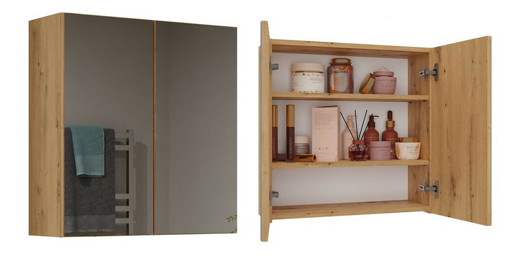 Dulap de baie suspendat Perdieron 4 (stejar artisan) (cu oglindă)