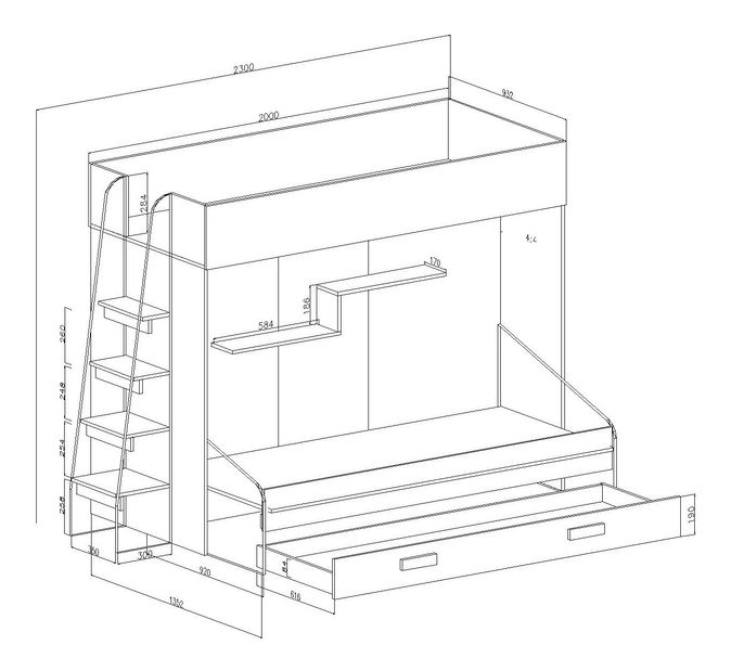 Pat pentru copii combinat 90 cm Puro 17 (alb mat + alb lucios + Turcoaz lucios)