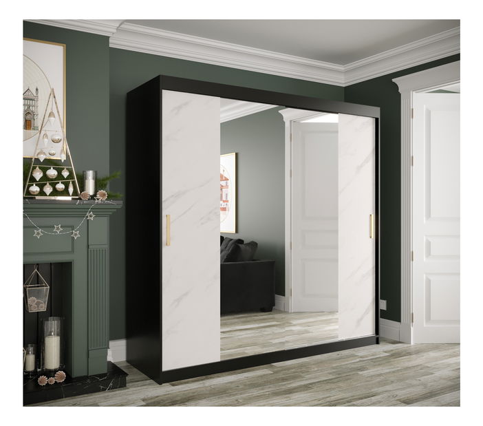 Šatníková skriňa 200 cm Marbelo T1 (matná čierna + biely mramor)