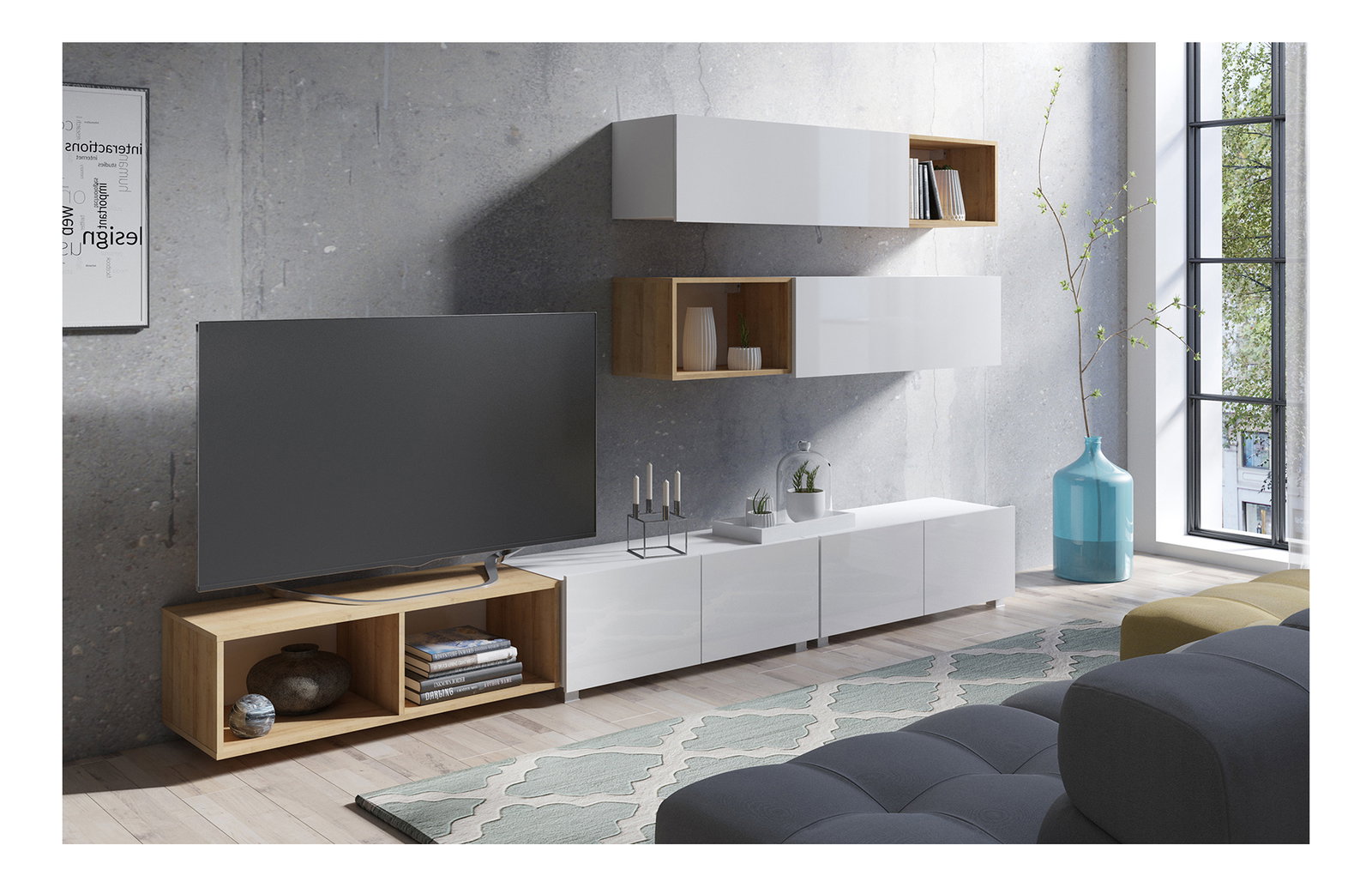 Mobilier living Calabria C25 WHITE (Alb lesklá + Stejar zlatý) (bez osvetlenia)