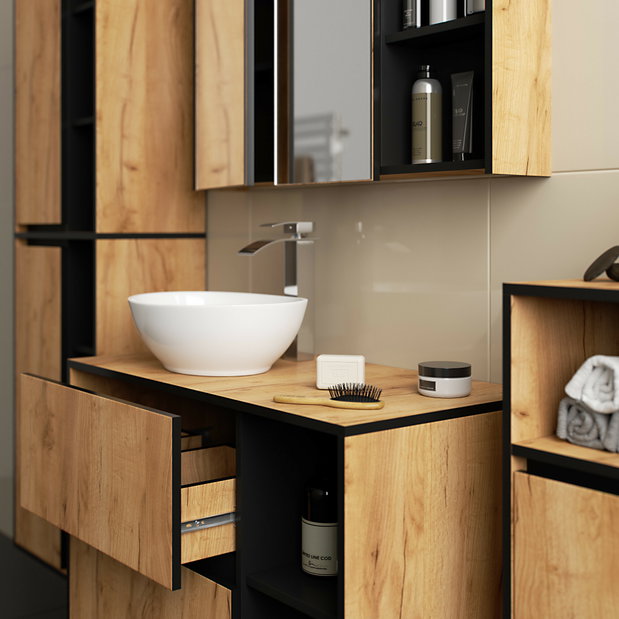 Set mobilier baie Vambos luxe (stejar artizanal + negru)