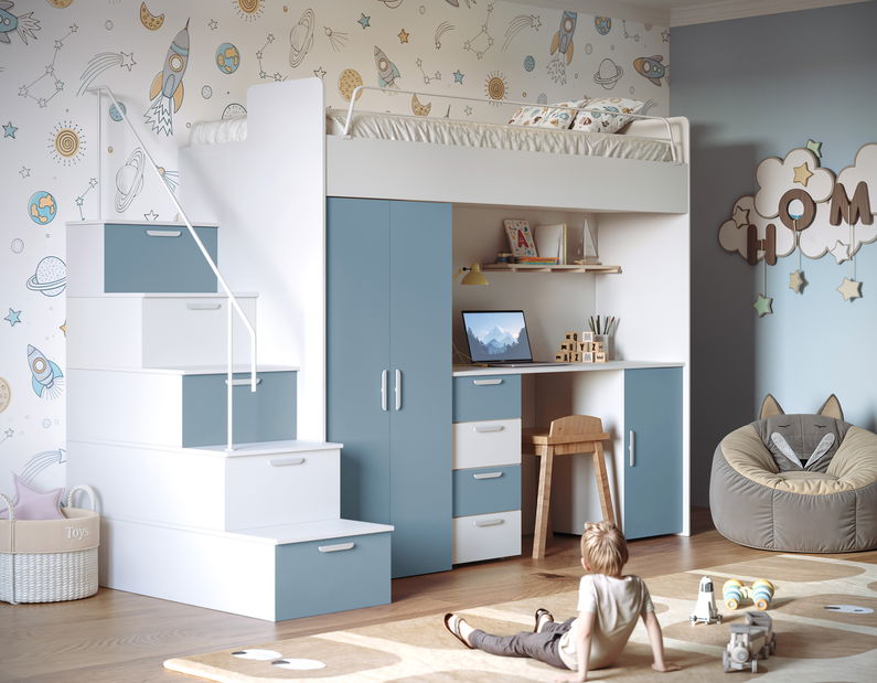 Pat pentru copii Ruby IV S (alb + albastru deschis) (cu somiere)