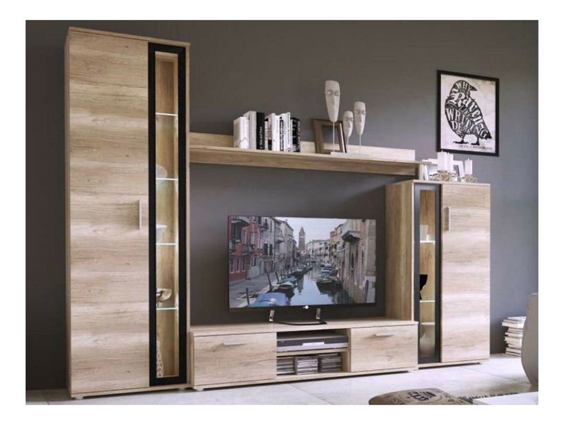 Mobilier living Orenia (stejar sonoma + Negru) (iluminat LED Alb)