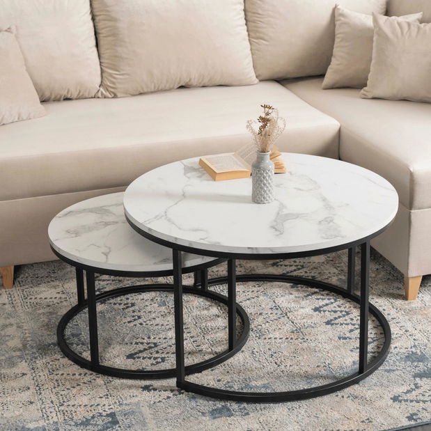 Set 2 măsuțe de cafea Delito Max (marmură alb + negru) 