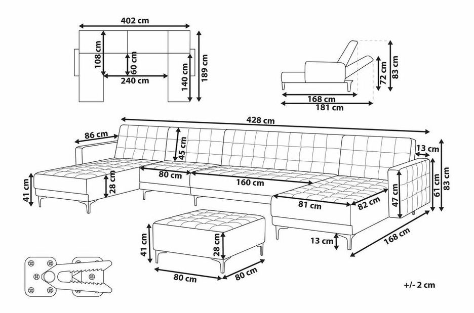 Kutna garnitura za sjedenje s tabureom U Aberde (zelena)