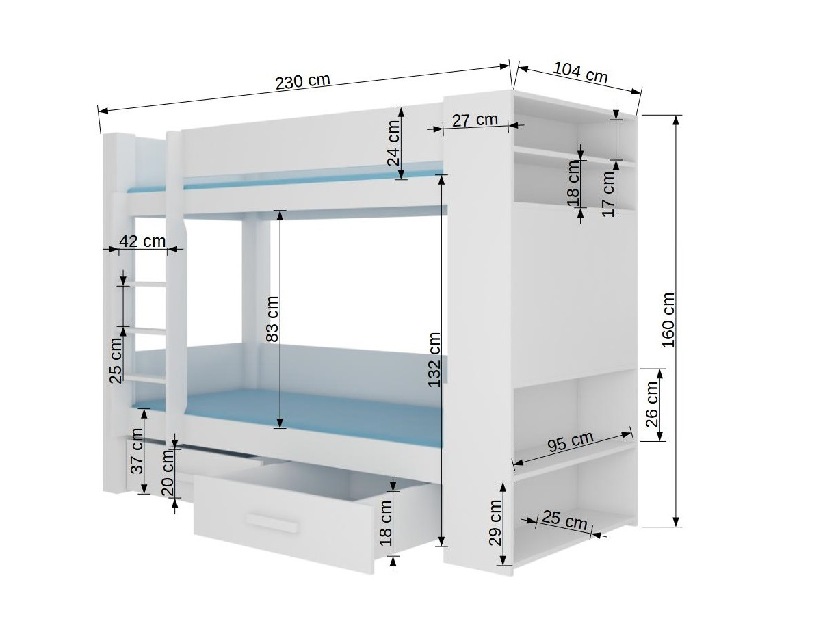 Poschodová detská posteľ 200x90 cm Gabriela (s roštom a matracom) (biela + dub sivý)