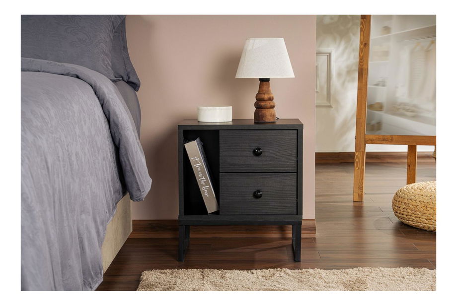 Nočný stolík Glimarolla (tmavé drevo + čierna)
