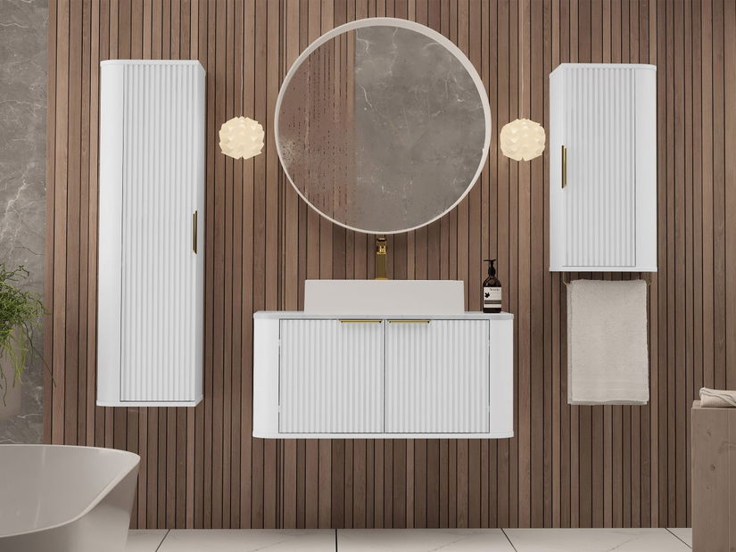 Set mobilier baie Mekona I (Alb mat + Marmură Alb + auriu) (cu chiuvetă)