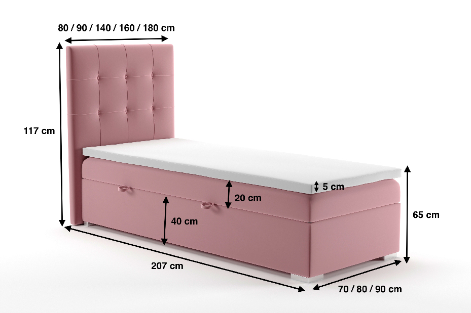 Jednolôžková posteľ Boxspring 90 cm Denny (s úložným priestorom) (ružová)