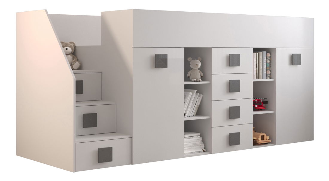 Pat multifuncțional 90 cm Toreno 3 (Alb + alb lucios + mânere gri lucios) (S)