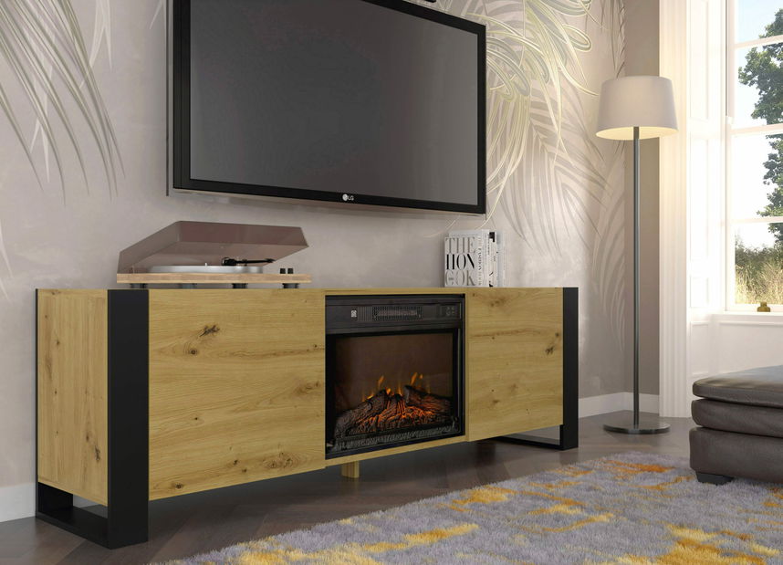 Masă TV cu șemineu Montana (Stejar artisan + Negru)