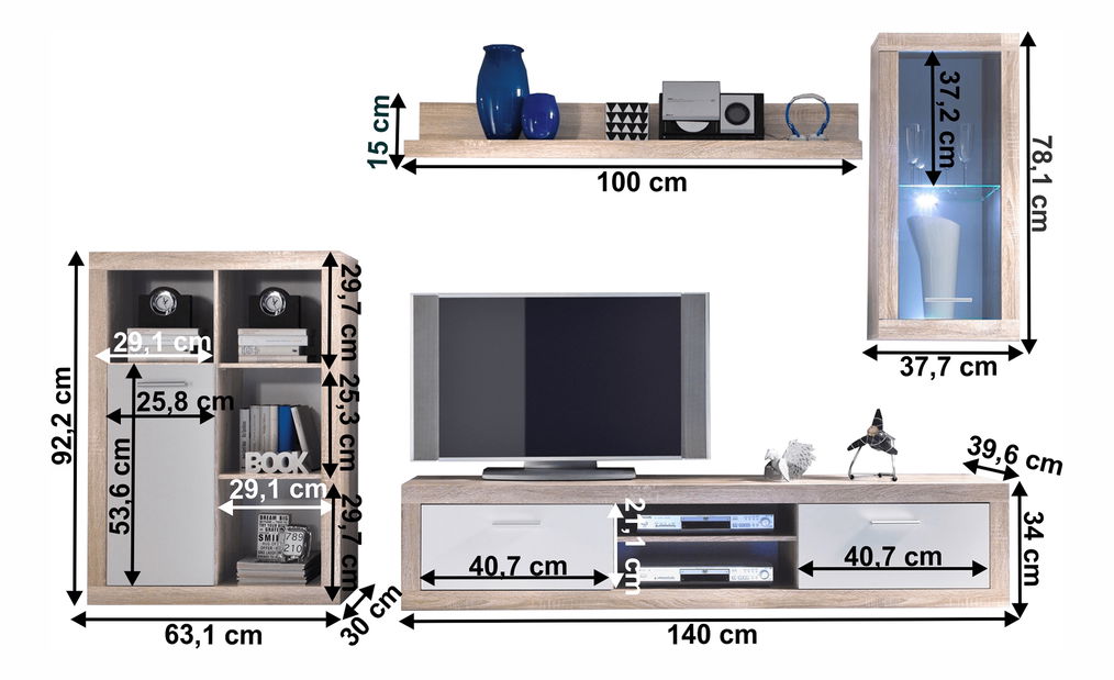 Nappali fal LED világítással Belina (szonoma tölgy + fehér)