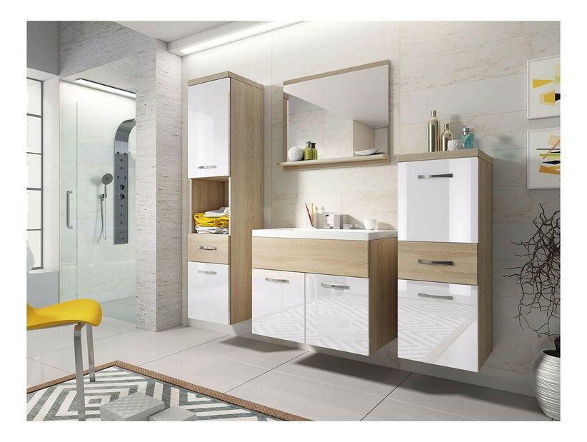 Mobilier baie Lunara (stejar sonoma + stejar sonoma + Alb lucios ) (fără sifon, cu baterie Economico)