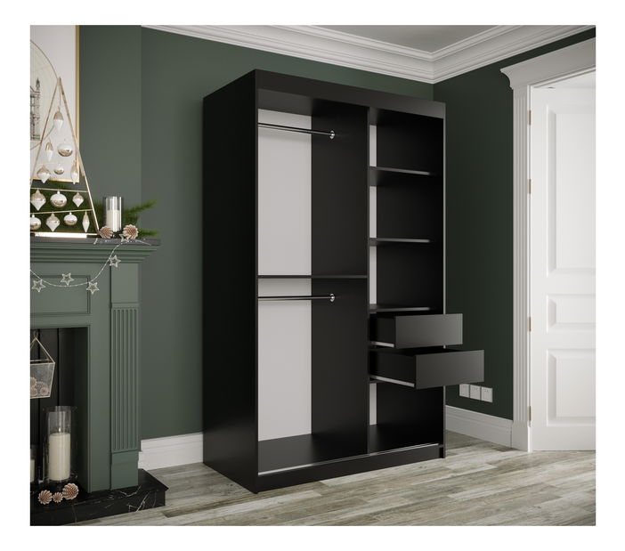 Šatníková skriňa 120 cm Marbelo P (matná čierna + čierny mramor)