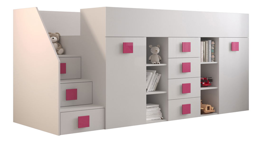 Detská kombinovaná posteľ 90 cm Toreno 3 (biela + biely lesk + ružové lesklé madlá) (L)