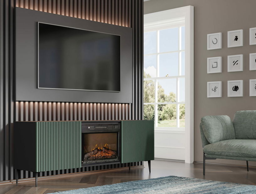 Masă TV cu bioșemineu FPB 2D 170 C Rowanna (Negru + Verde închis)