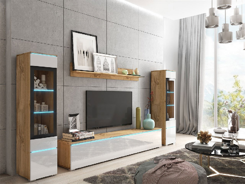 Mobilier living Selwyn II (wotan + Alb lucios ) (iluminat LED Alb)