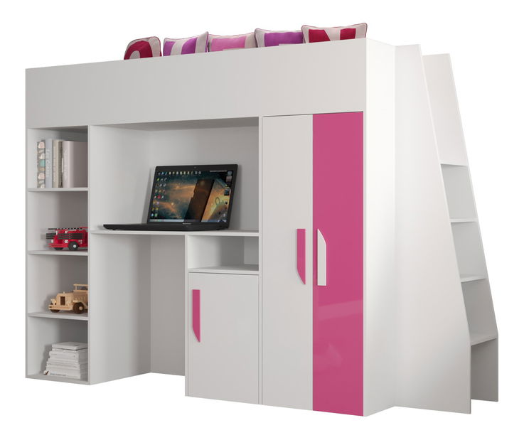 Dječji kombinirani krevet 90 cm Puro 15 (bijela mat + bijeli sjaj + ružičasti sjaj)