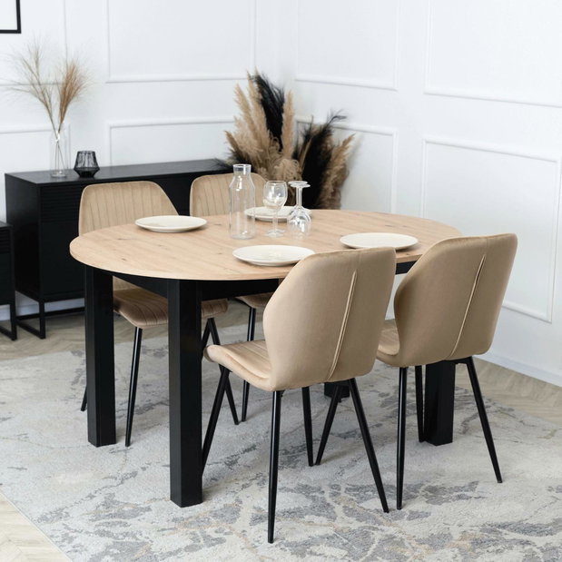 Blagovaonski set Hungaro (hrast artisan + crna + bež) (za 4 osobe)