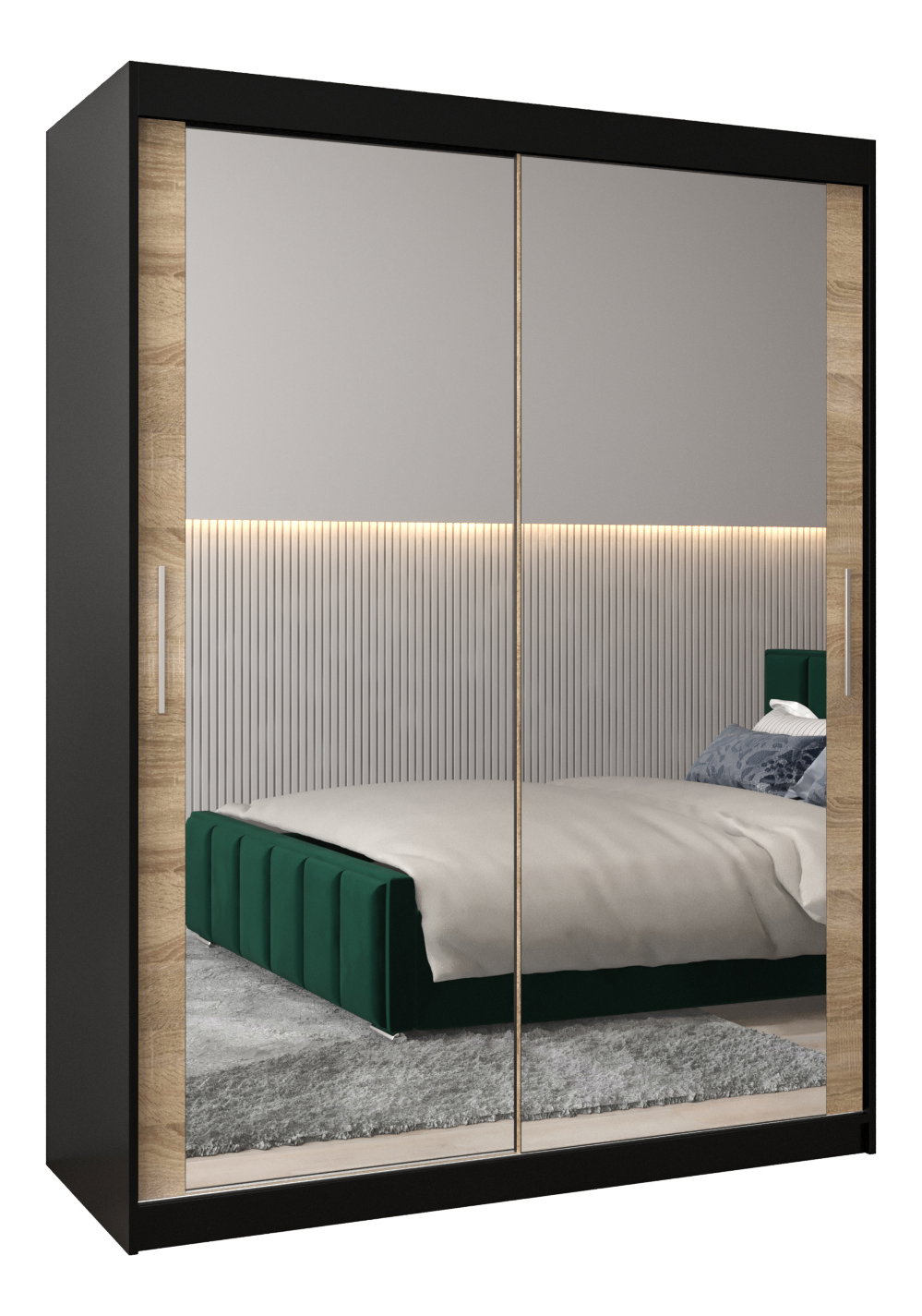 Ruhásszekrény 150 cm Toki 3 (matt fekete + sonoma tölgy)