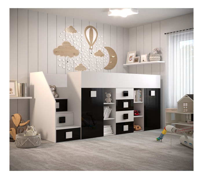 Pat multifuncțional 90 cm Toreno 3 (Alb + alb lucios + negru lucios) (S)