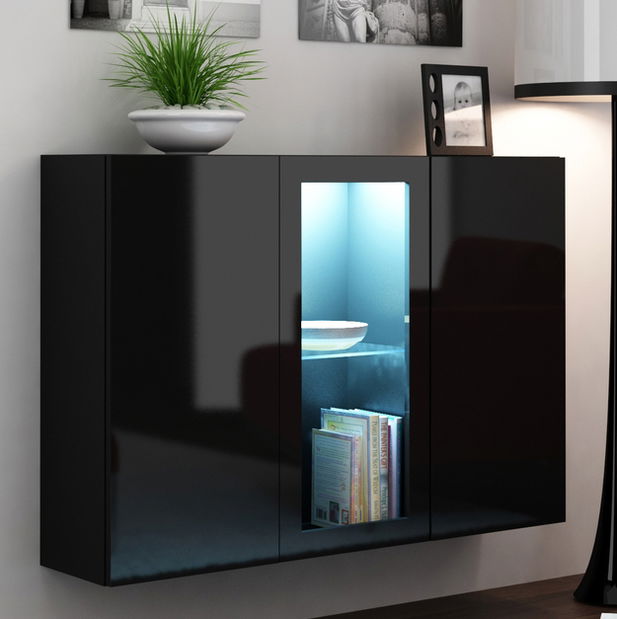 Vitrína na stenu Vigo LED čierna + čierna (s osvetlením)