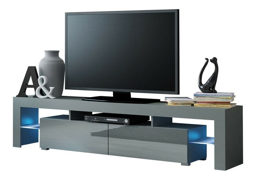 TV ormarić Milos (bijela + crni sjaj) (plava LED rasvjeta)
