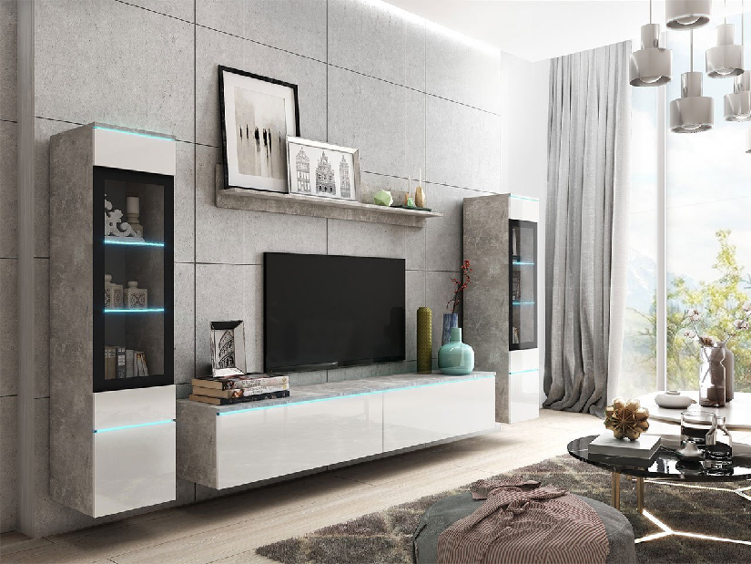 Mobilier living Selwyn II (beton + Alb lucios ) (iluminat LED Alb)