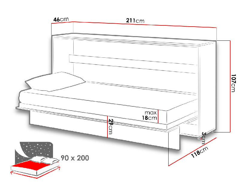 Sklápacia posteľ 90x200 cm BC-06 Bed Concept (s LED osvetlením) *výpredaj