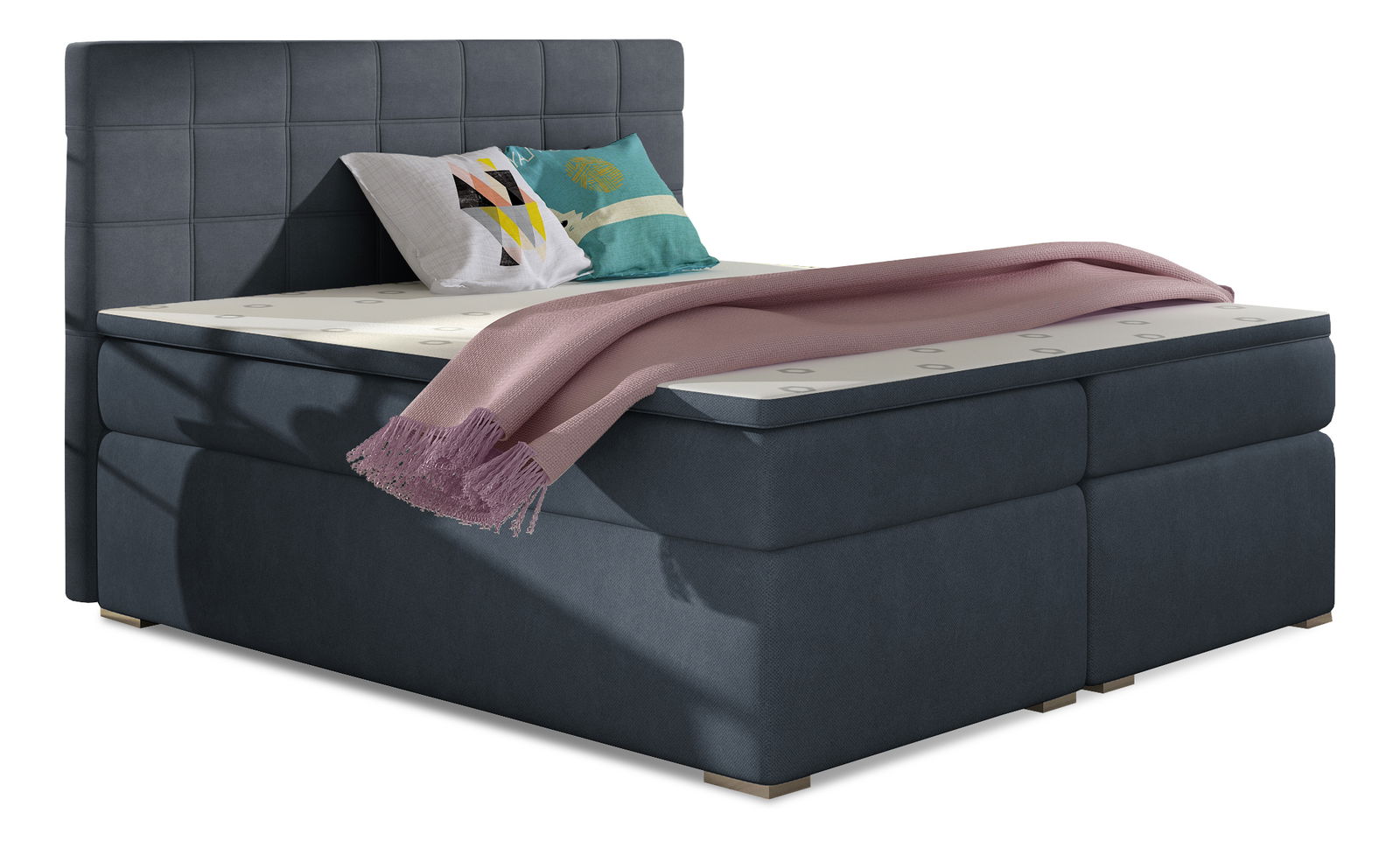 Pat matrimonial Boxspring 140 cm Abbie (albastru) (cu saltele)