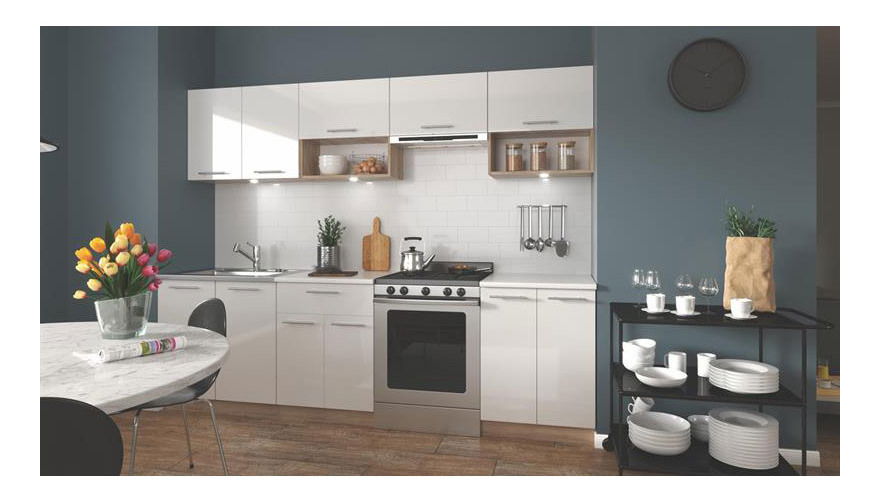 Kuchyňa 260 cm Vinnie (biela + svetle drevo)