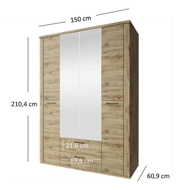 Ormar za garderobu Deloris 4D2S (s ogledalom) (hrast navarra)