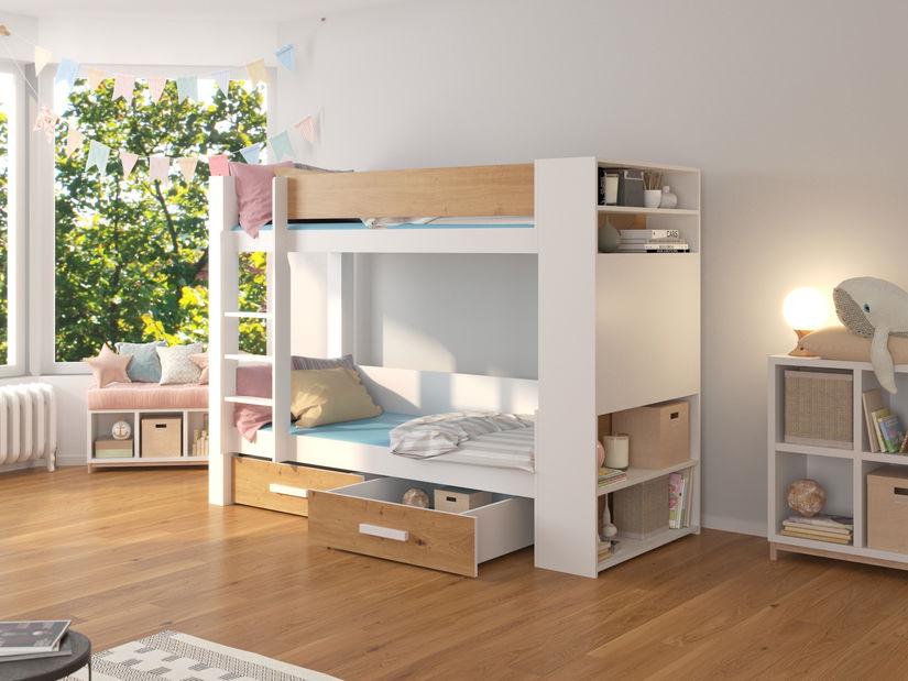 Pat etajat pentru copii 200x90 cm Gabriela (cu somieră și saltea) (Alb + Stejar artisan)