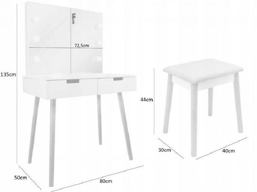 Toaletný stolík s taburetkou Omiko (s LED osvetlením) (biela + béžová)