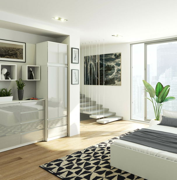 Šatníková skriňa Slots (biela + lesk kovový) (s nadstavbou)